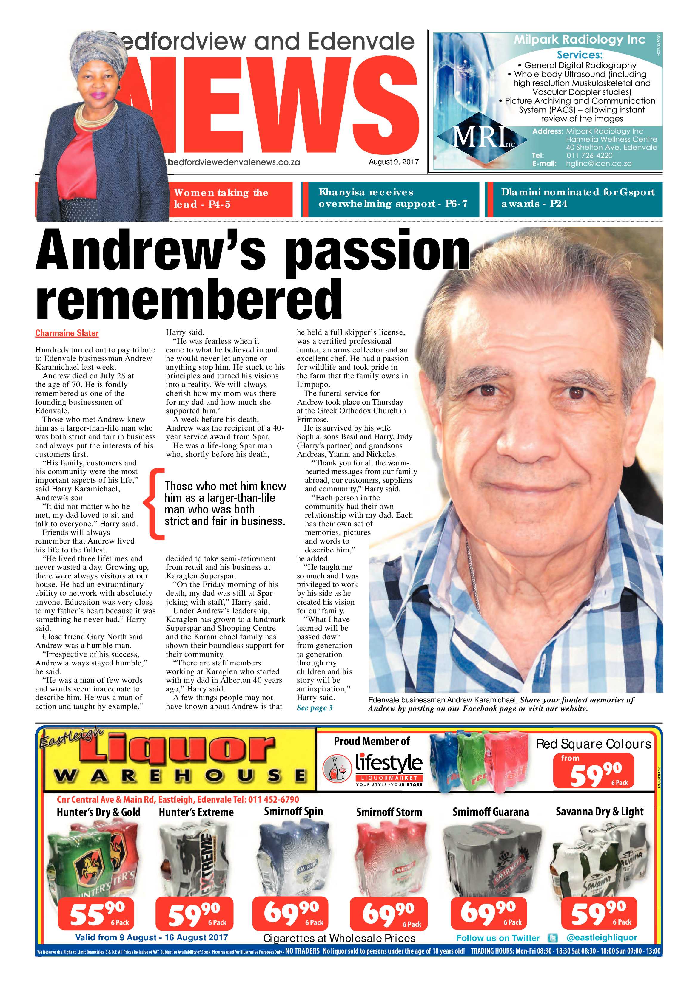 Bedfordview and Edenvale News 09 August 2017 page 1