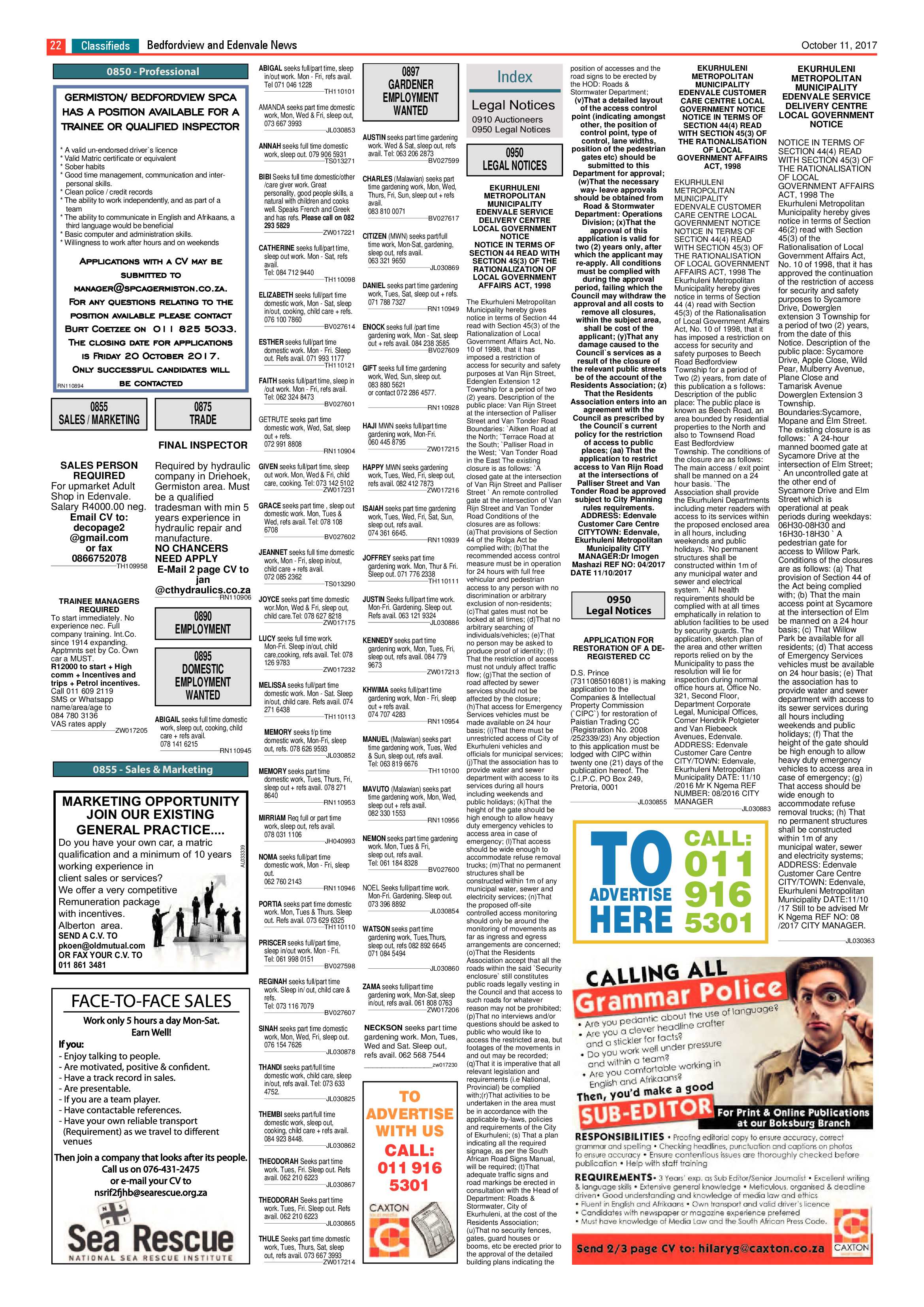 Bedfordview and Edenvale News 11 October 2017 page 22