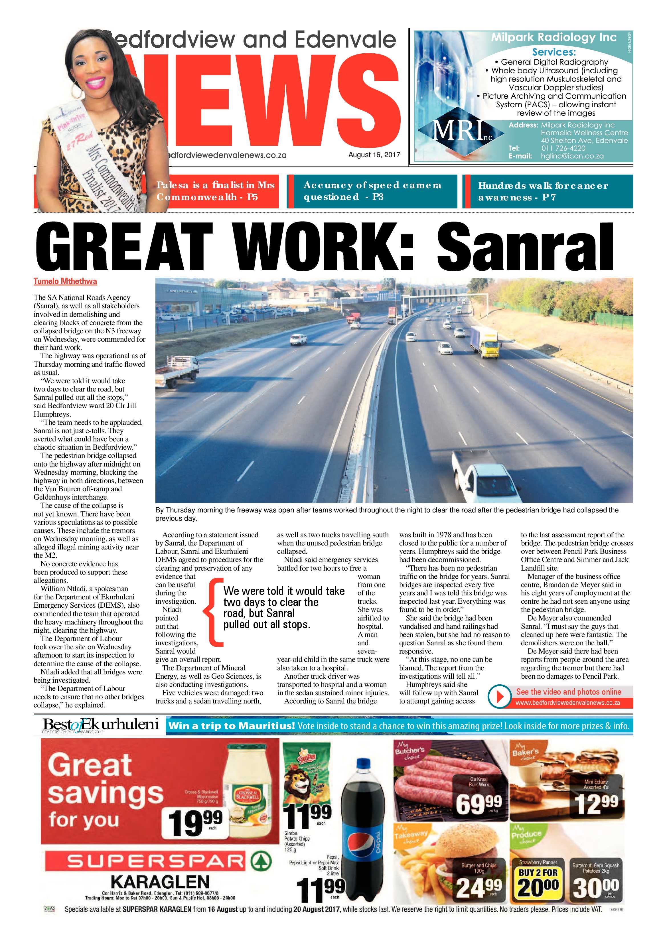 Bedfordview and Edenvale News 16 August 2017 page 1