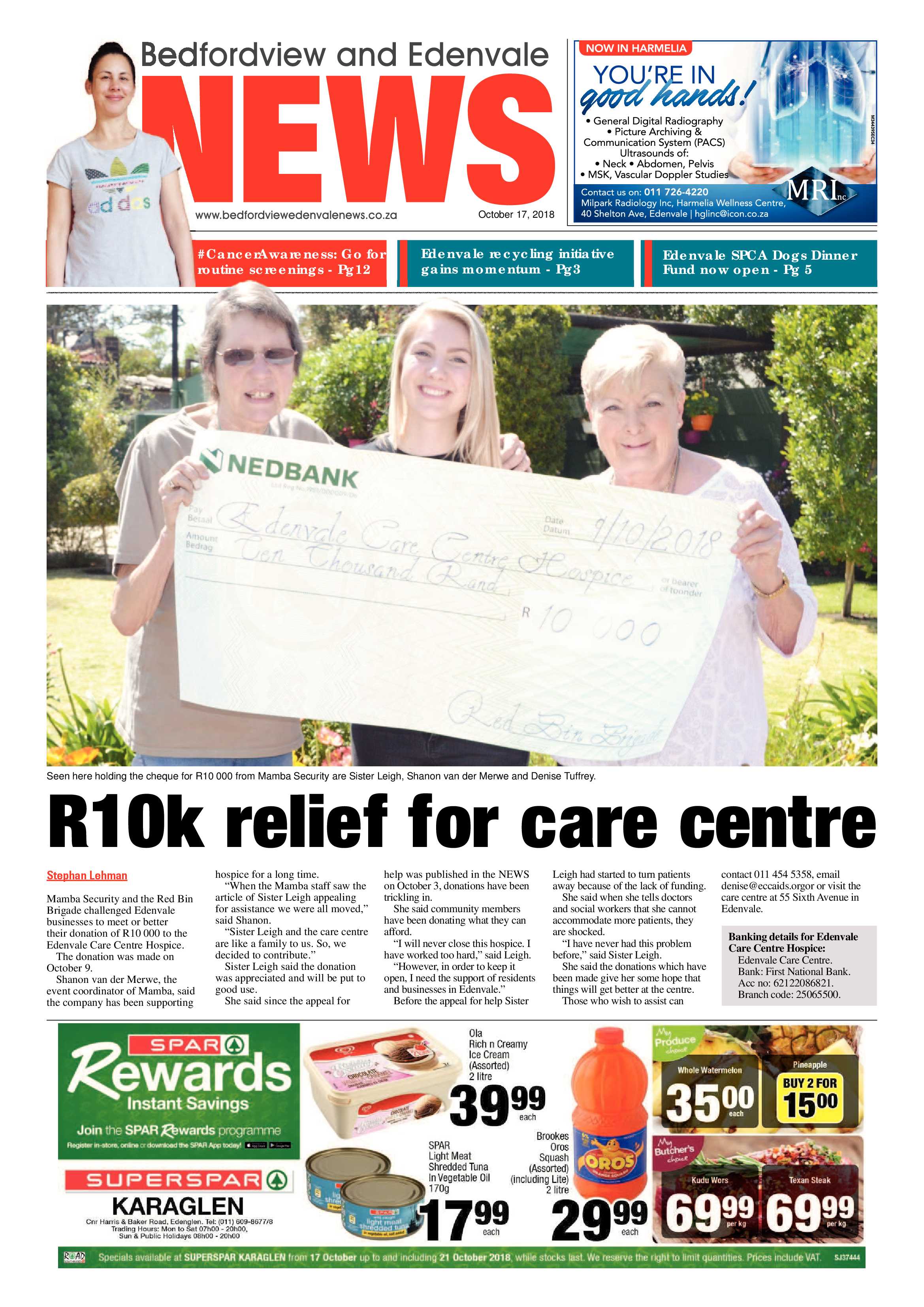 Bedfordview and Edenvale News 17 October  2018 page 1