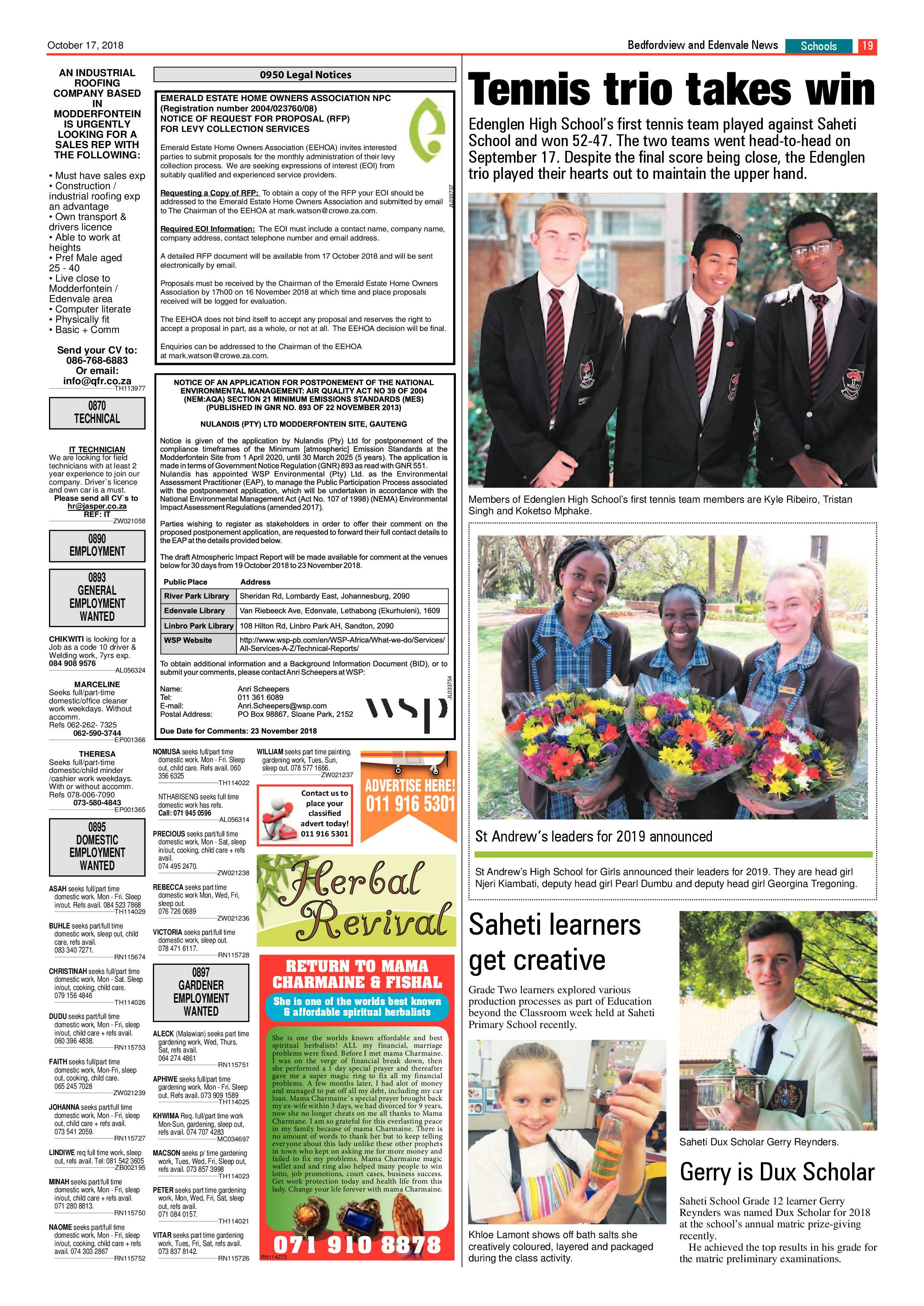Bedfordview and Edenvale News 17 October  2018 page 19