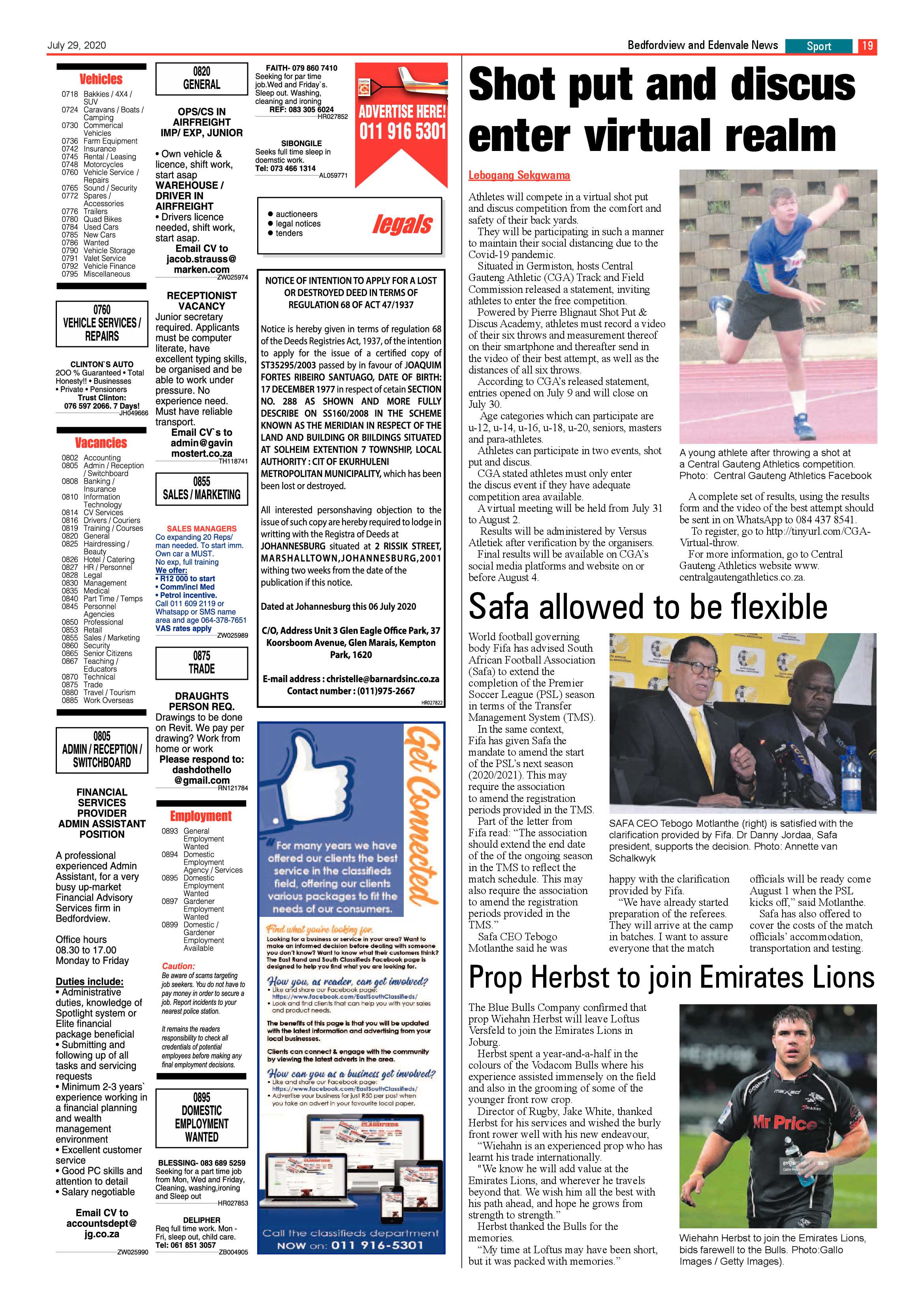 Bedfordview and Edenvale News 29 July 2020 page 19
